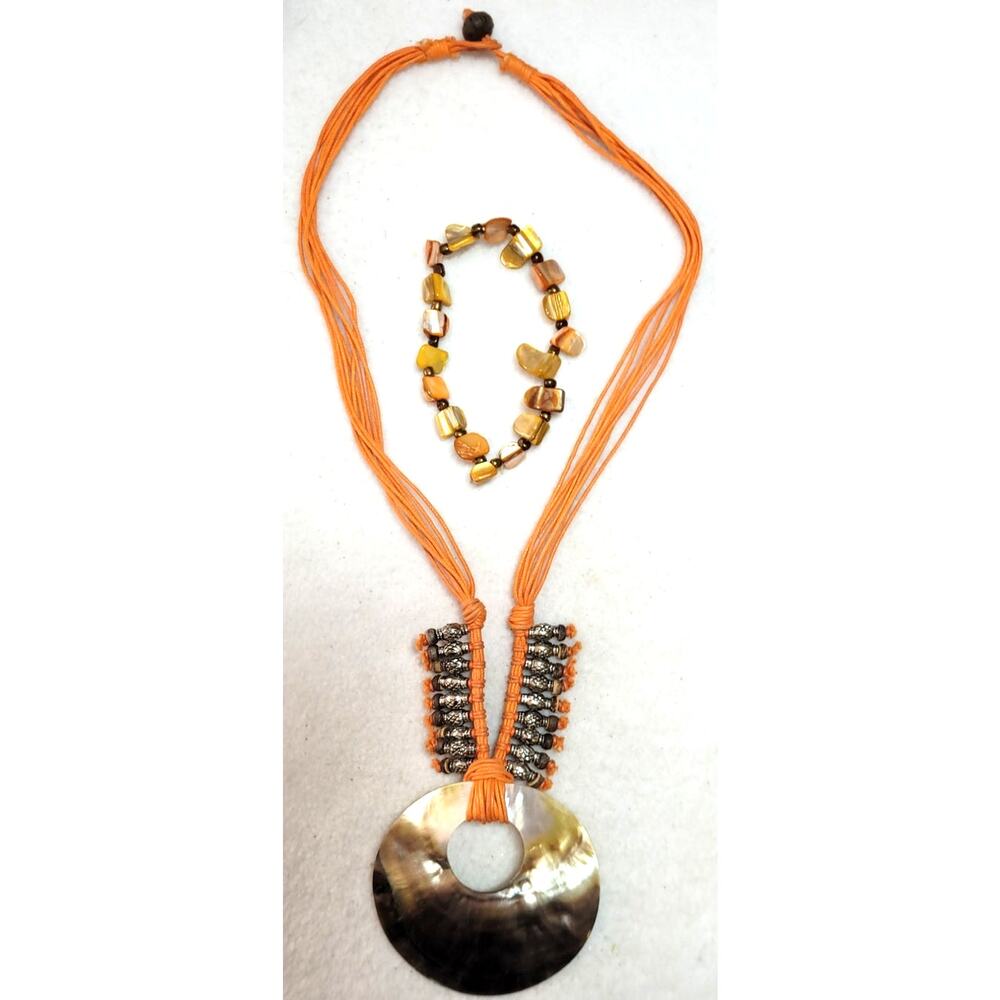 Vtg Boho Mother of Pearl Shell Statement Necklace & Beaded Bracelet Lot Orange
